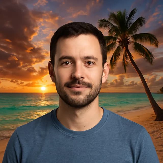 A portrait with its background replaced by a beach at sunset