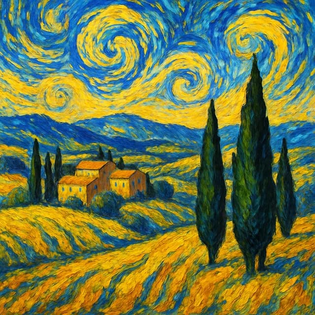 A landscape repainted in swirling Van Gogh brushstrokes